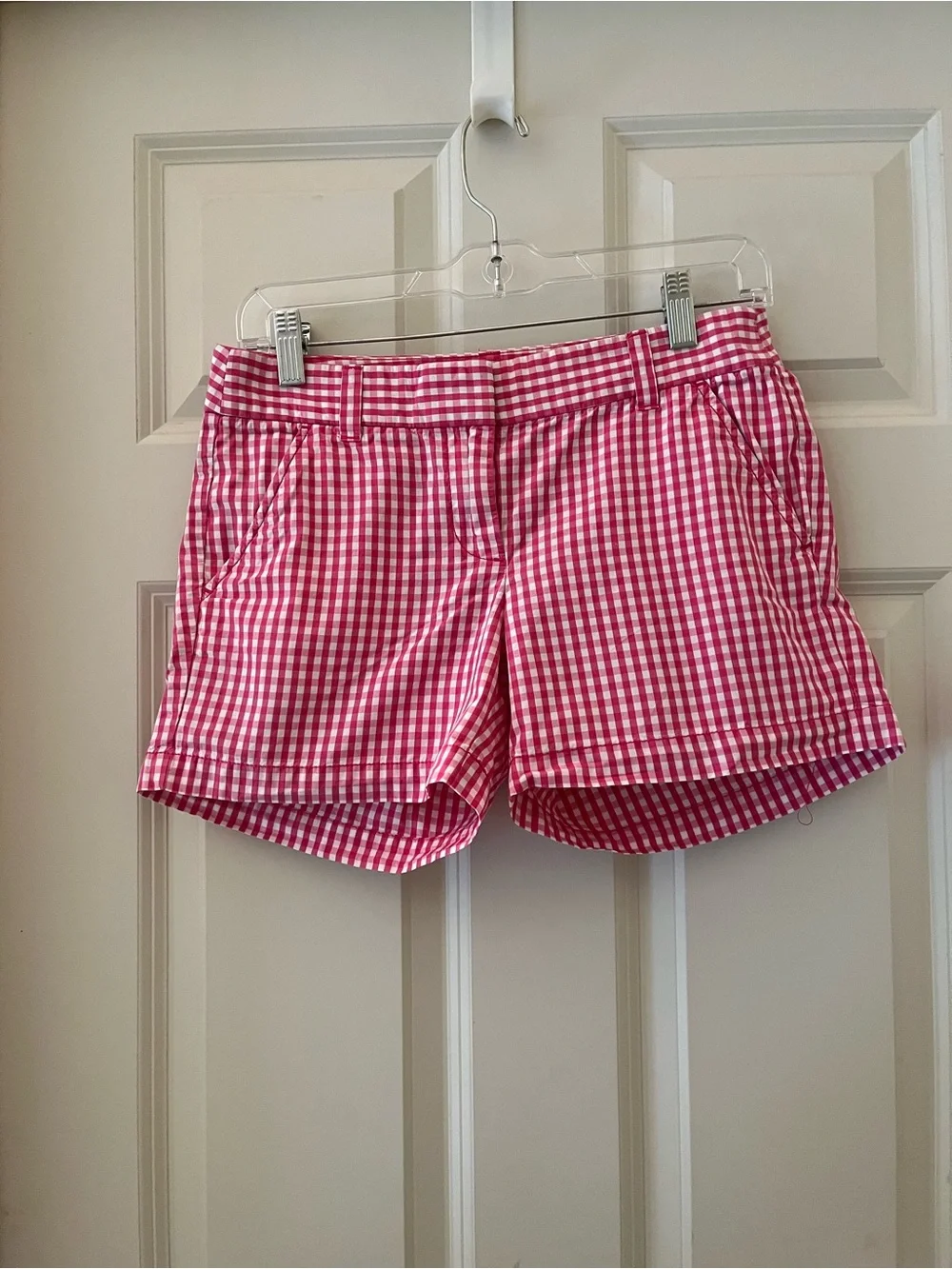 Women’s J.Crew pink & white gingham check classic mid-rise, pockets, size 0 3”